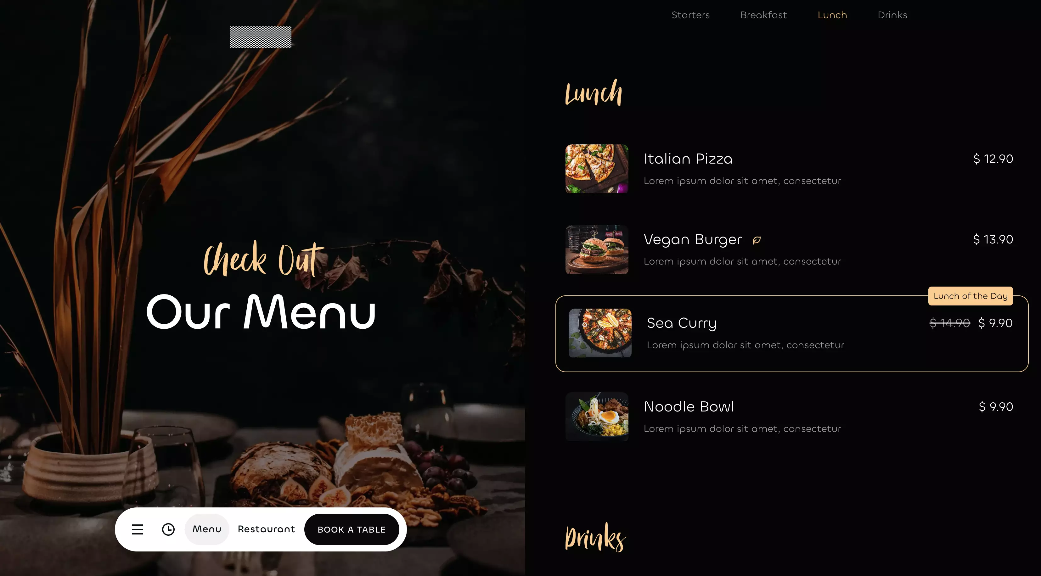 Restaurant B web site visual example part 2, menu